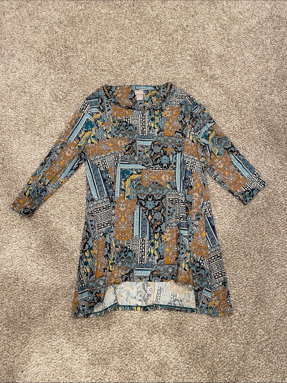 Chico's Teal & Mustard Patchwork-Print Tunic